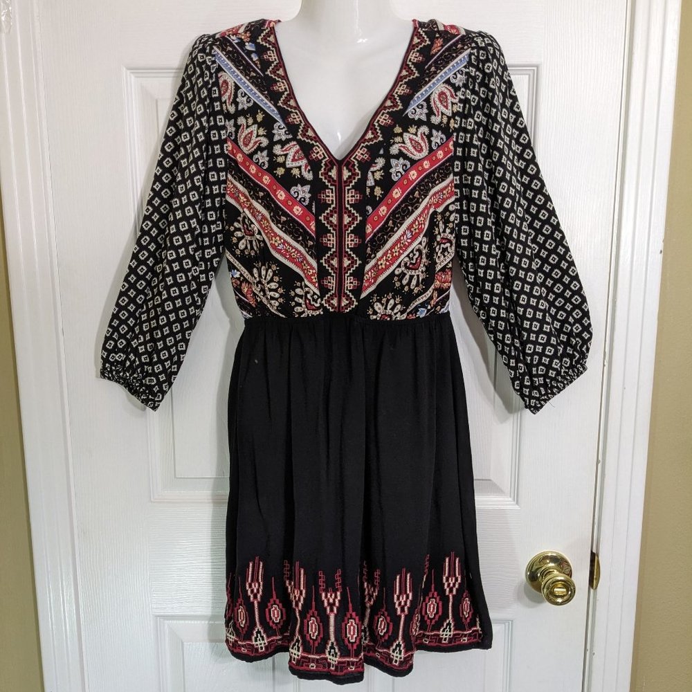 Flying Tomato Black Red White Aztec Mixed Print Cut-Out Back Mini Dress - M